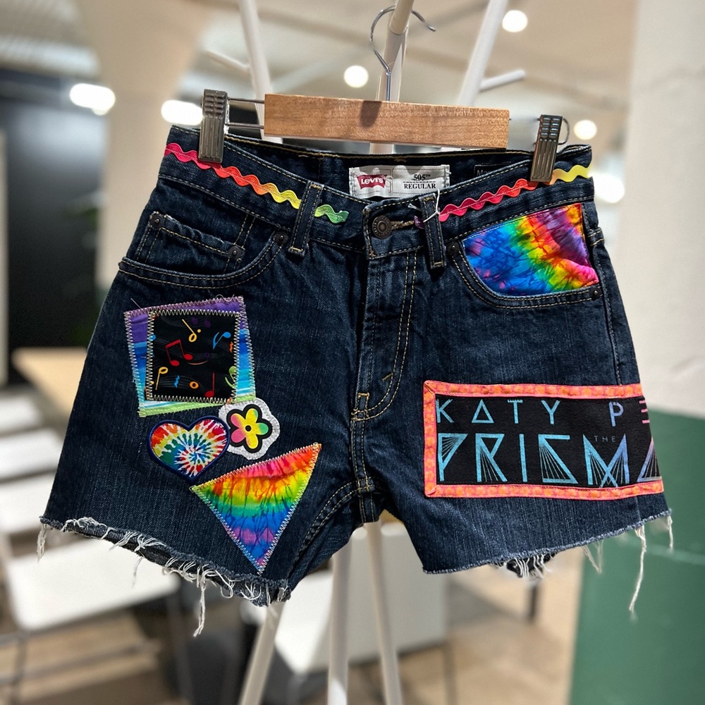 Katy Perry Upcycled Custom Patchwork Collage Shor… - image 1